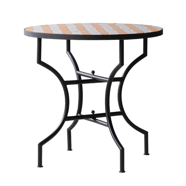 Matthew Izzo Home 32" Round Yellow and White Striped Moroccan Zellige Tile Bistro Table on Iron X Base For Sale - Image 4 of 4