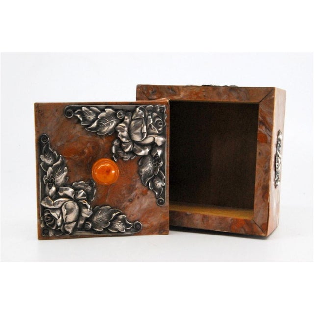 Wooden Jewelry Box with Silver Applications on Lid For Sale - Image 5 of 11