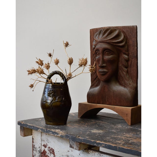 Vintage Expressive Hand-Carved Bust, Circa 1970s. Carved from a singular piece of cedar with dramatic hair and wide eyes...