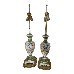 A Pair of Capodimonte 1930's Table Lamps With Brass Base and Double Bulbs