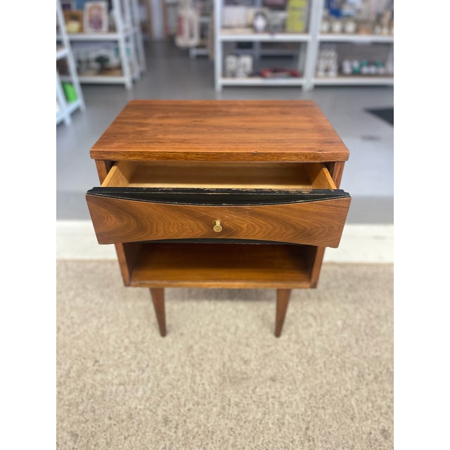 Wood 1970s Mid-Century Modern Possibly Walnut Nightstand With Curved Drawer Front, Open Shelf, and Tapered Legs For Sale - Image 7 of 9