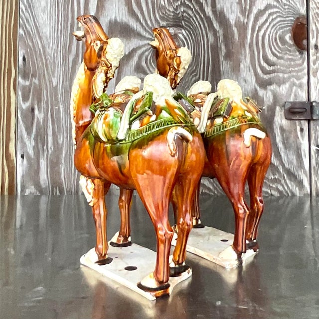 Camel Vintage Boho Tri Colored Sancai Glazed Tang Camels - a Pair For Sale - Image 8 of 9