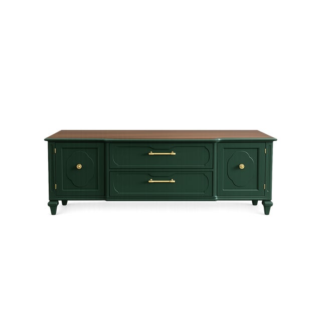 Hollywood Regency Vintage Emerald Green Credenza Media Console With Walnut Finished Top For Sale - Image 3 of 10