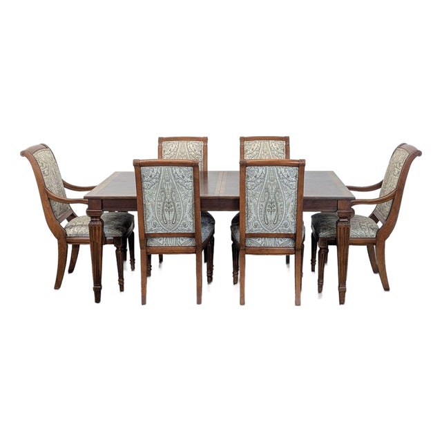 Ethan Allen Goodwin 7-Piece Wood Dining Set With Upholstered Chairs For Sale