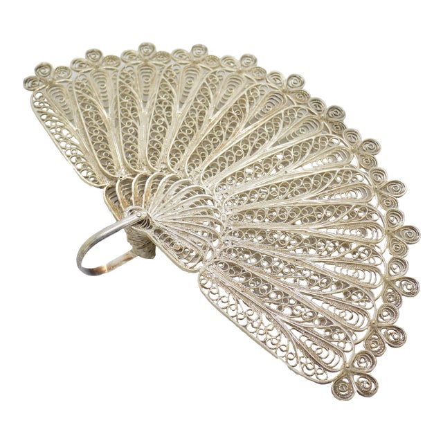 Vintage Italian Handmade Genuine Silver Large & Rare Filigree Fan Figurine Sculpture For Sale