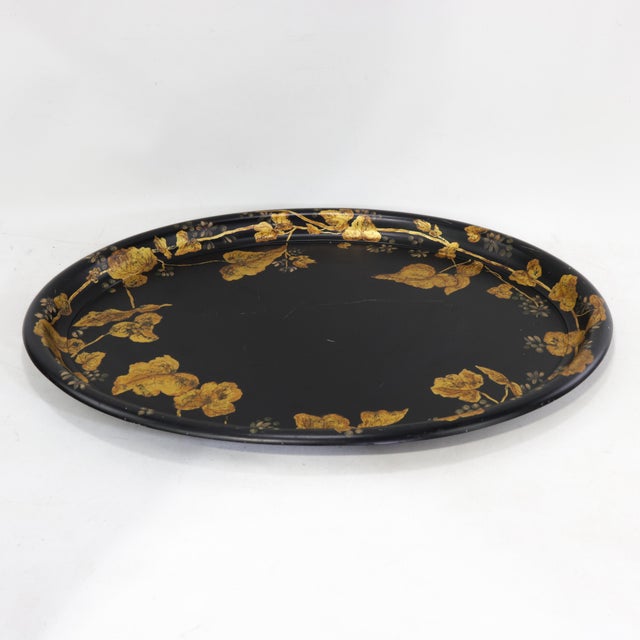 Antique 19th Century Paper Mache Oval Tray - Black Lacquer With Hand Painted Gold Gilt Ivy Design For Sale - Image 11 of 14
