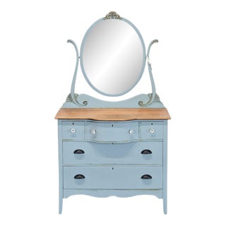 Antique Painted Oak Bow-Front Dresser With Oval Mirror & Skeleton Key For Sale