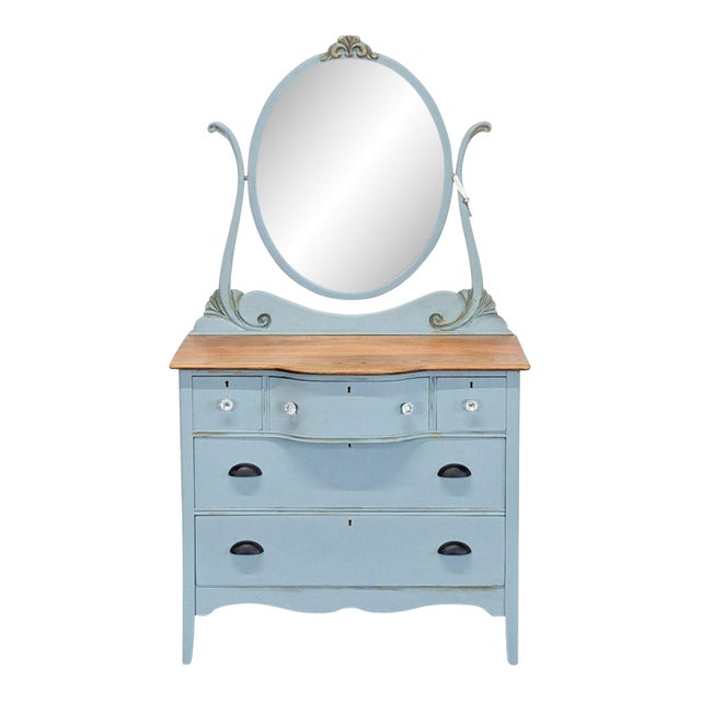 Antique Painted Oak Bow-Front Dresser With Oval Mirror & Skeleton Key For Sale