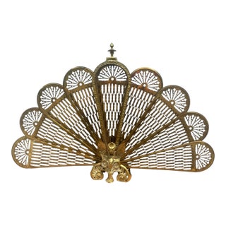 Vintage Brass Fireplace Peacock Folding Fan Screen For Sale