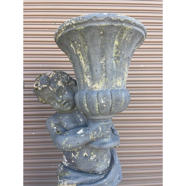 1940s Pair of Grand 39" Tall Neoclassical Cast Stone Putti Figure Planters With Mossy Patina For Sale - Image 9 of 14