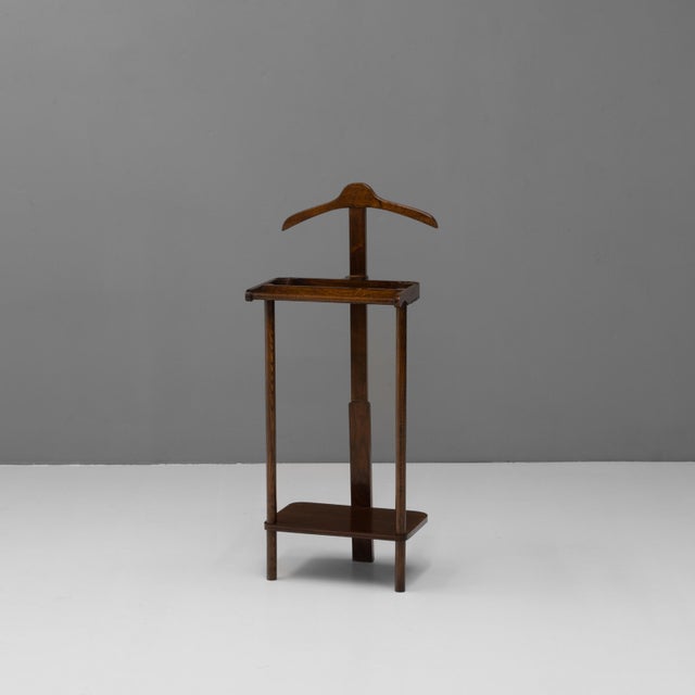 Mid-Century oak valet stand with coat hanger back, tie rack and small tabletop. Re-finished. U.K circa 1970.