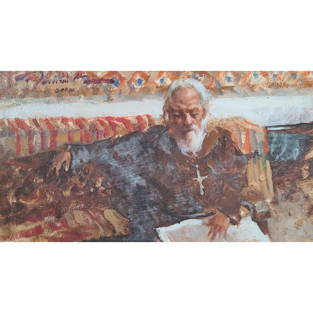 Original, one of a kind oil painting by Ramon Kelley (b. 1939) depicting a Mexican priest seated in a church. The medium...