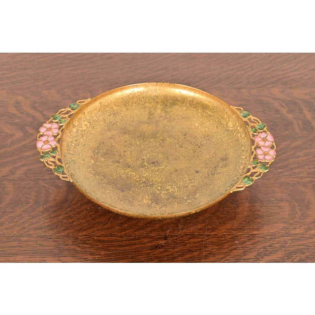 A gorgeous Arts & Crafts or Art Deco period gilt bronze footed centerpiece bowl or tazza with enameled floral decoration...