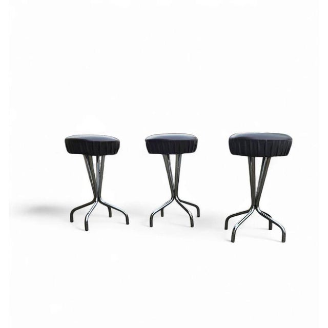 Chrome Frame Stools with Black Seats, 1970s, Set of 3 For Sale - Image 3 of 13