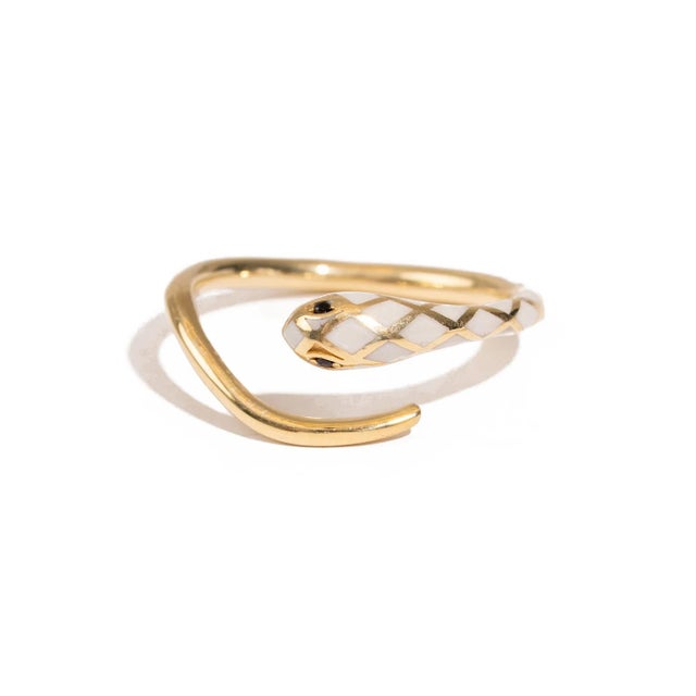 White Enamel Gold Snake Ring, Size 8 For Sale - Image 9 of 9