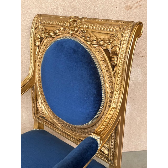 Wood Pair of Louis XVI Style Giltwood Armchairs With Blue Klein Velvet For Sale - Image 7 of 13