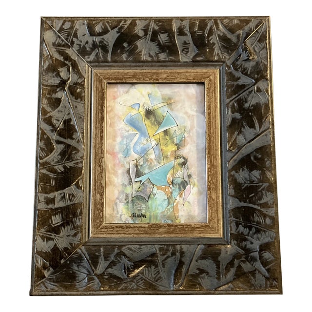 Contemporary Original John Schwab Small Abstract Painting Chunky Leaf Frame For Sale