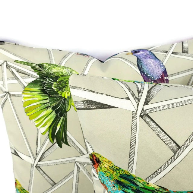 2020s Scattered Rainbow Birds on Geometric Osborne and Little Aviary Fabric in Multi Pillow Cover - 20" X 20" - a Pair For Sale - Image 5 of 11