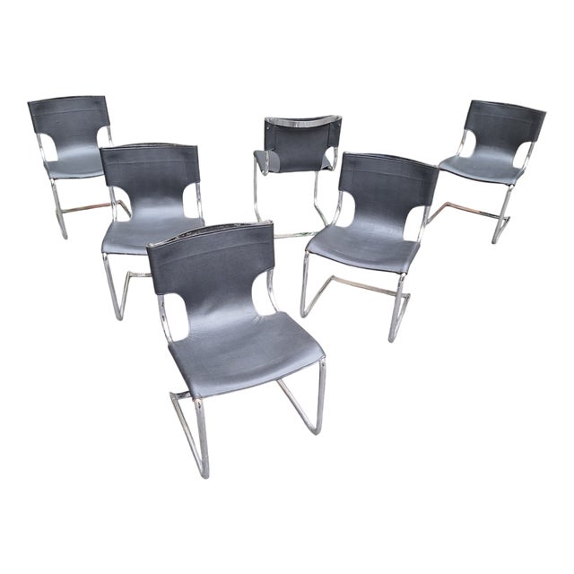Model 920 Chairs in Chrome and Black Leather by Carlo Bartoli for T70, 1970s, Set of 6 For Sale