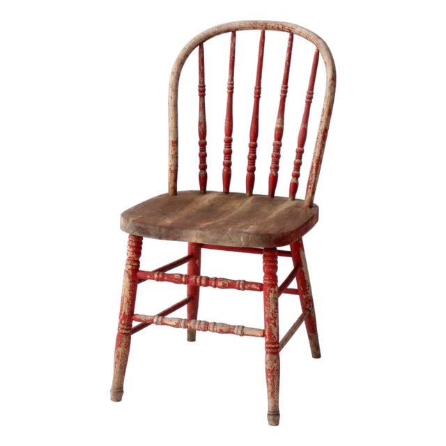 Antique Red Windsor Spindle Back Farmhouse Chair For Sale