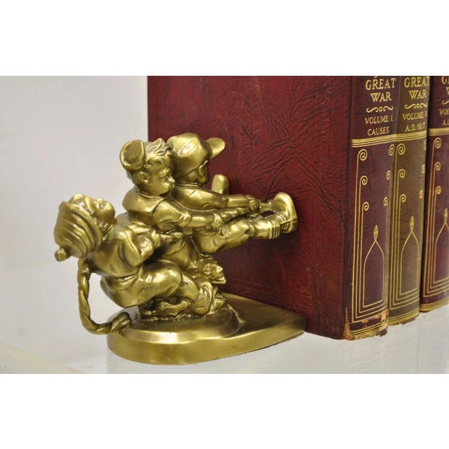 Hollywood Regency Vintage Pm Craftsman "Tug of War" Brass Children Playing Figural Bookends - Pair For Sale - Image 3 of 12