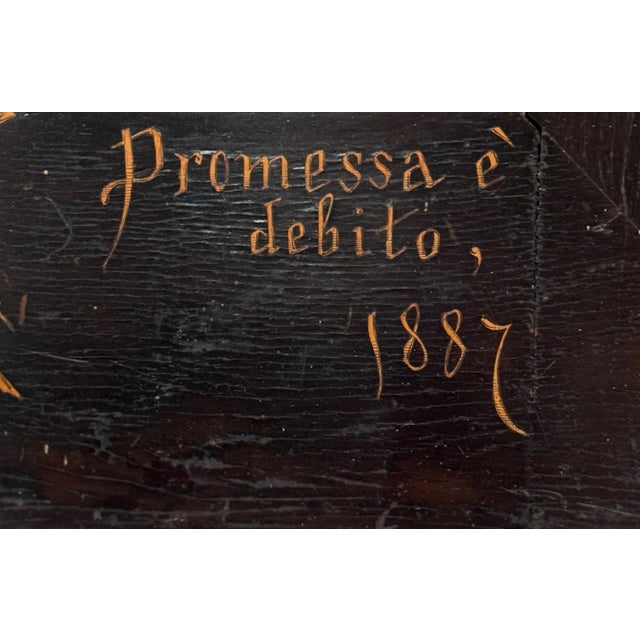 Antique Italian Marquetry Mirror “Promessa È Debito” Dated 1887 Hand Inlaid Floral & Figural Design For Sale - Image 4 of 5