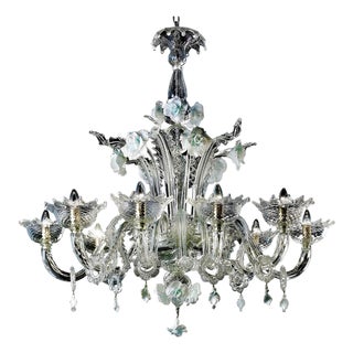 Romantic Transparent Murano Glass Chandelier with White Floral Elements by Simoeng for Simoeng For Sale