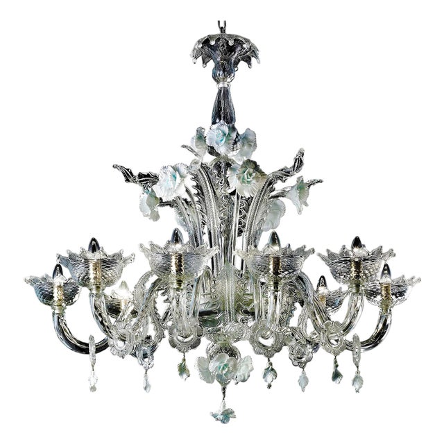 Romantic Transparent Murano Glass Chandelier with White Floral Elements by Simoeng for Simoeng For Sale