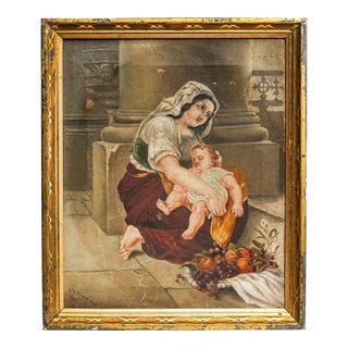 Tender Antique Framed Painting Signed 1877 Madonna Inspired Mother & Child Old World European Art Home Wall Decor For Sale