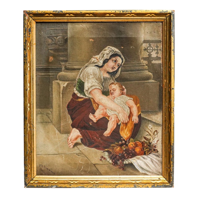 Tender Antique Framed Painting Signed 1877 Madonna Inspired Mother & Child Old World European Art Home Wall Decor For Sale
