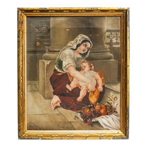 Tender Antique Framed Painting Signed 1877 Madonna Inspired Mother & Child Old World European Art Home Wall Decor