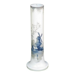 19th Century 11.5" Vase Blue Delft Milk Glass Enameled Hand Panted For Sale