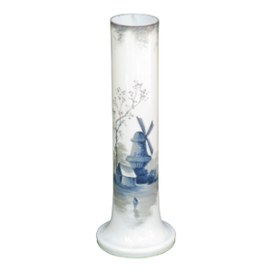 19th Century 11.5" Vase Blue Delft Milk Glass Enameled Hand Panted