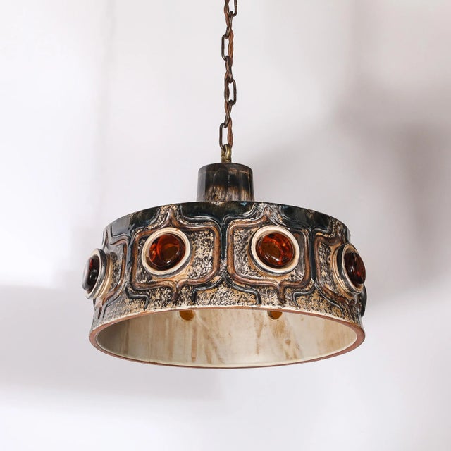 Mid-Century Cool Umber Glazed Ceramic Pendant Chandelier With Amber Glass Detail For Sale - Image 10 of 15
