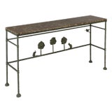 1980s Giacometti Inspired Wrought Iron Console Table With Fossilized Top For Sale