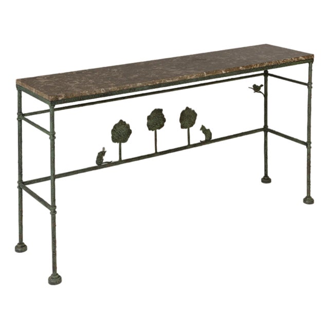 1980s Giacometti Inspired Wrought Iron Console Table With Fossilized Top For Sale