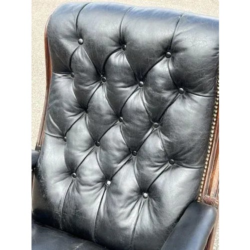Metal Victorian Black Leather Buttoned Back Armchair For Sale - Image 7 of 11