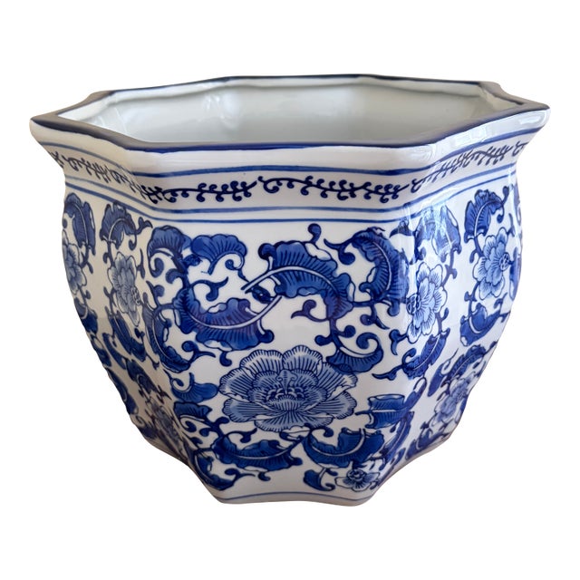 Chinoiserie Large Blue and White Porcelain Planter For Sale