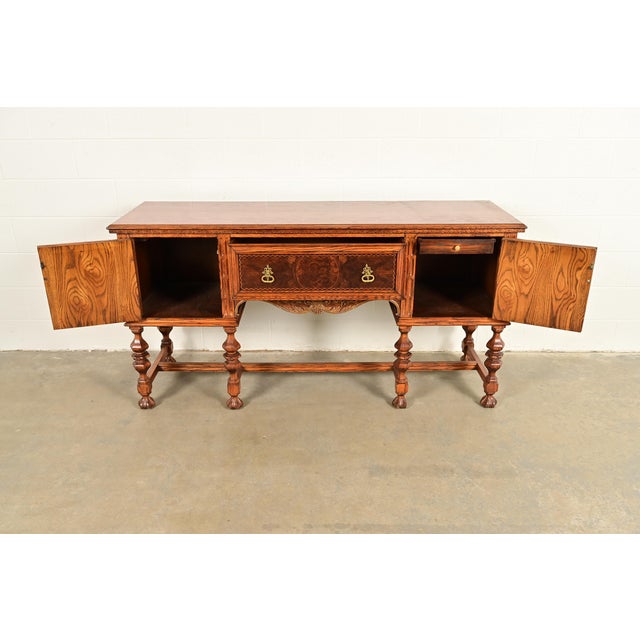 Early 20th Century Early Romweber Antique English Jacobean Carved Oak and Burl Wood Sideboard, Circa 1900 For Sale - Image 5 of 18
