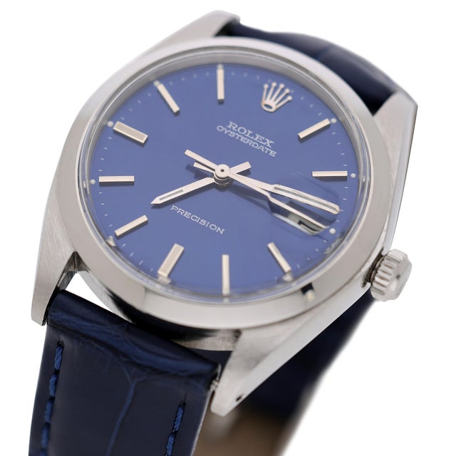 Contemporary 1960s Rolex 6694 Oysterdate Precision Blue Sunburst Dial 34mm Watch For Sale - Image 3 of 8