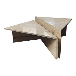 Vintage Post Modern 2 Tier Travertine Stone Triangle Coffee Tables - a Pair For Sale