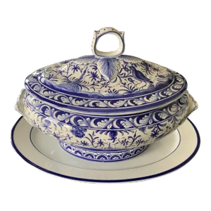 1980s Handmade Blue and White Covered Dish and Under Plate- 2 Pieces