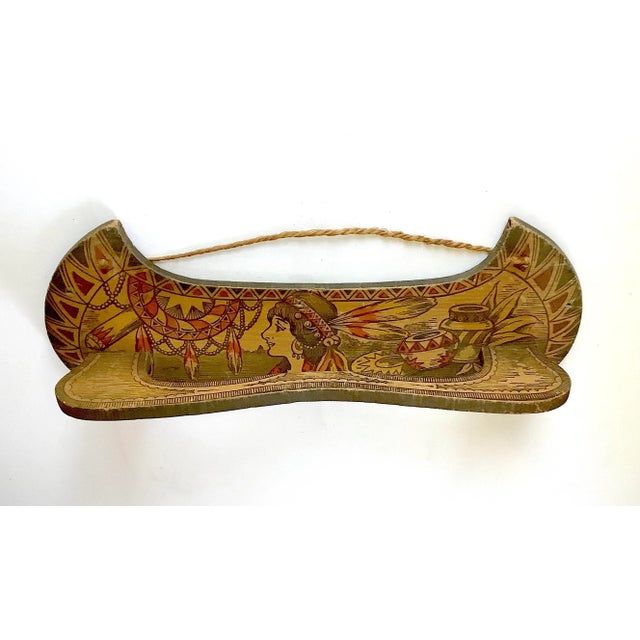 Early 1900s wood Flemish Art pyrography tie rack with Indian maiden and Native American graphics original string for...