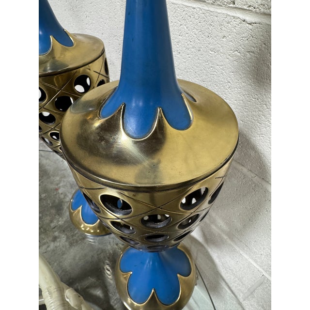 1960s Tony Paul Style Westwood Industries Brass and Blue Enamel Lamps - A Pair For Sale - Image 12 of 12