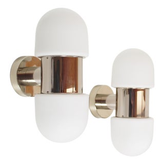 Vintage Chrome and Opaline Glass Wall Lamps by Rolf Kruger, 1970s, Set of 2 For Sale