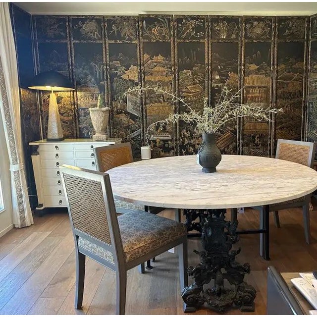 French-Country Dining Chairs in Peter Fasono Linen Upholstery and Stained Caning For Sale - Image 9 of 13