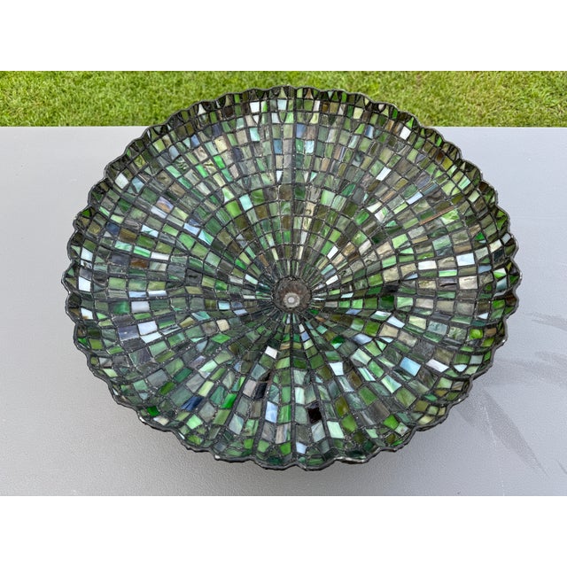 Green Mid-20th Century 20'' Tiffany-Style Leaded Green Slag Glass Lotus Leaf Lamp Shade For Sale - Image 8 of 18