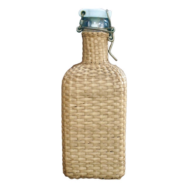 Antique Rattan Travel Drinks Decanter, 1900s For Sale