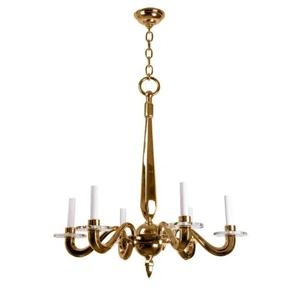 Art deco style 6 arm chandelier with sectioned fluted arms and glass bobeches.
