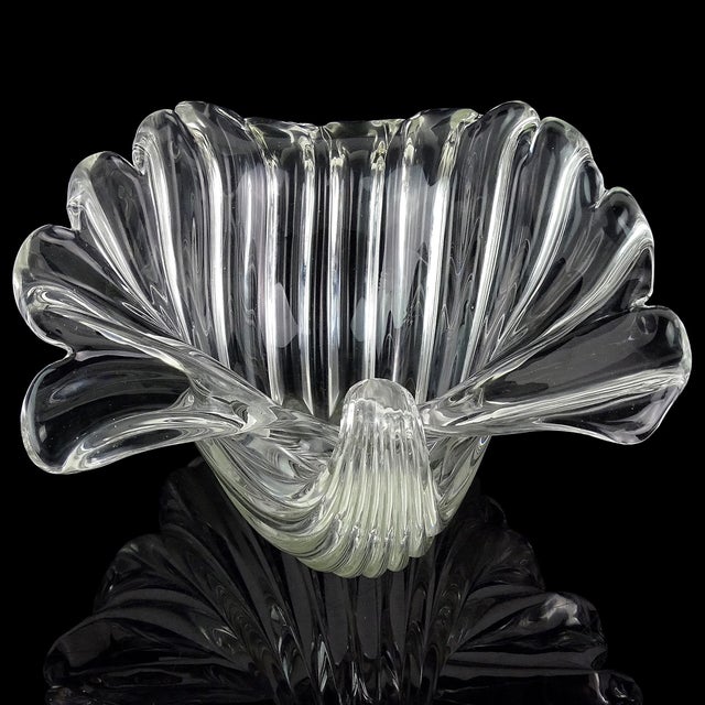 Cartier Seguso Cartier Signed Murano Vintage Crystal Clear Ribbed Surface Italian Art Glass Seashell Shell Bowl For Sale - Image 4 of 11